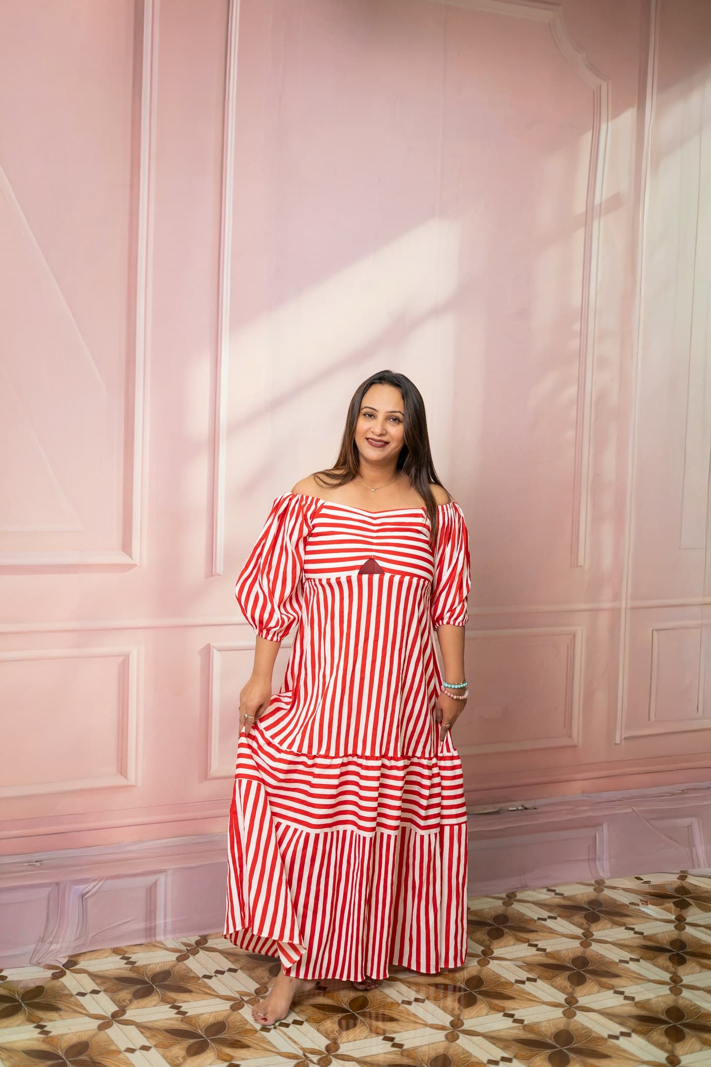 Coral Stripe Tiered Maxi
