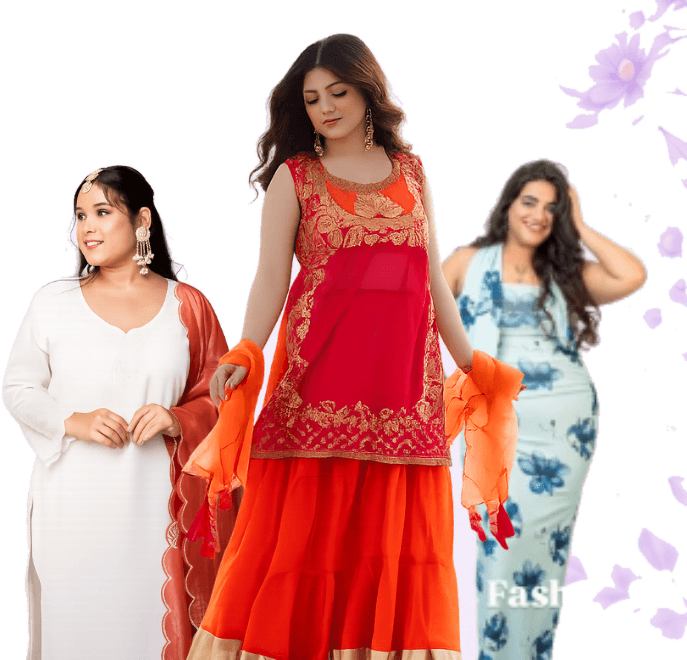 Models wearing an ivory kurta set, a red and orange sharara set, and a floral bodycon dress from KT's Fashion