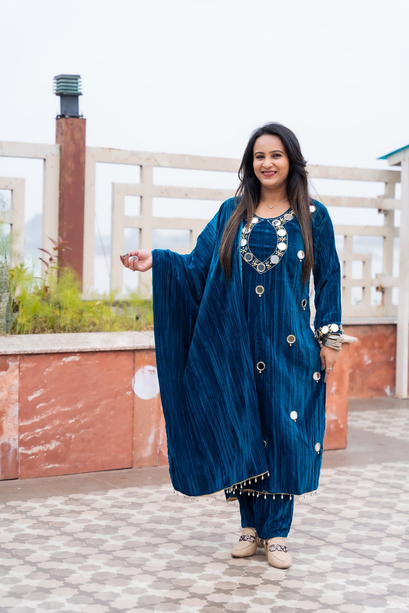 Peacock Mirror Pleated Kurta Set