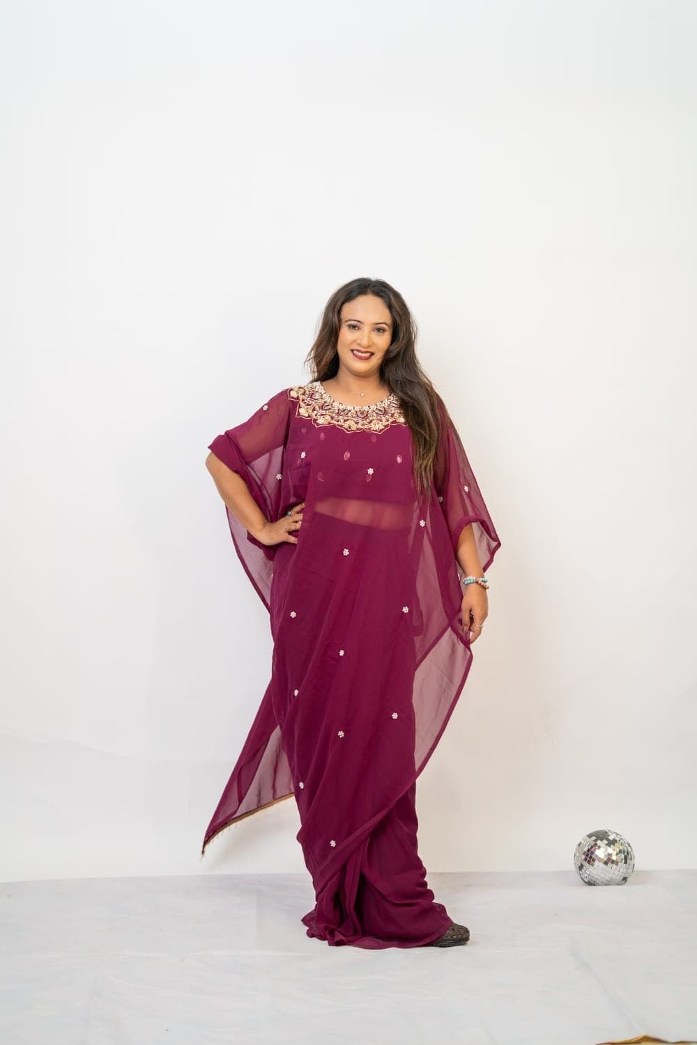 Wine Pearl Chiffon Saree